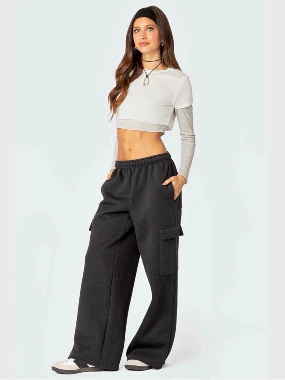 Black Wide-Leg Cargo Jogger Pants